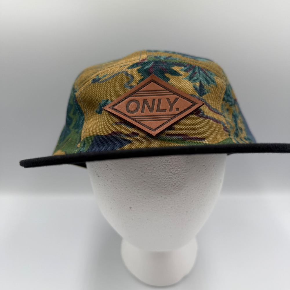ONLY NY 5 Panel Camper Hat Tropical Botanical Print Black Flat Brim Made in USA
